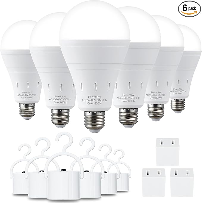 6 Pack Rechargeable Emergency Light Bulbs, Battery Powered Energy Efficient LED Light Bulb 6000K Daylight E26 120 Volt 9W 60W Equivalent with 1200mAh for Home Power Outage Camping Hurricane