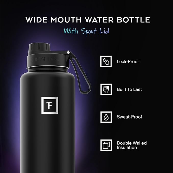 IRON °FLASK Camping & Hiking Hydration Flask with Spout, Wide Mouth Insulated Stainless Steel Sports Water Bottle - 40 oz Sky