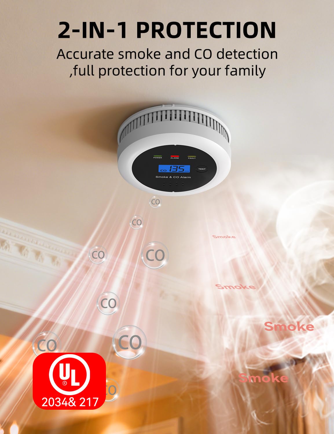 UxmCruxial Smoke Detector Carbon Monoxide Detector Combo, 2 in 1 Smoke and Carbon Monoxide Alarm with Display 85dB Alarm Replaceable Battery Fire Alarm CO Detector for Kitchen,3 Pcak