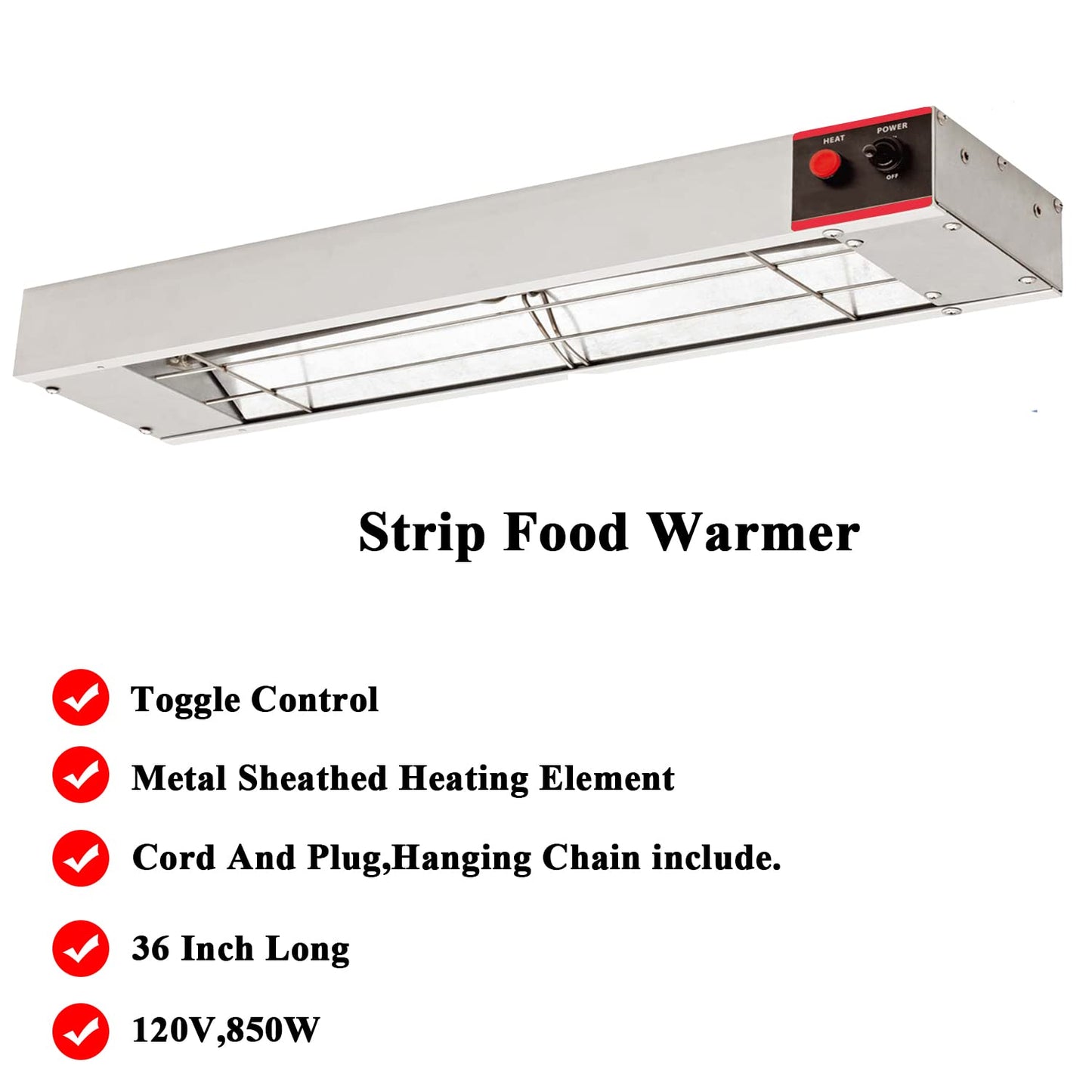 KOUWO 36 Inch Food Heat Lamp Commercial Food Warmer Overhead Strip Warmer 850 Watts with Chain and Us Plug,110v (36")