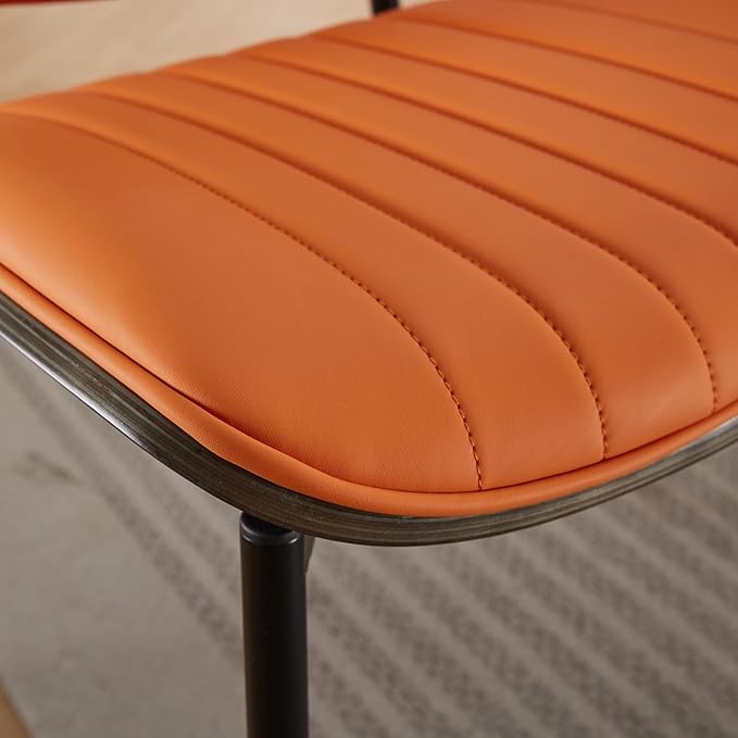 YaFiti Dining Chairs Set of 6, Mid Century Modern Accent Dining Room and Kitchen Chairs, Upholstered PU Leather Vertical Stripe Chairs for Vanity with Walnut Bentwood and Metal Legs, Orange