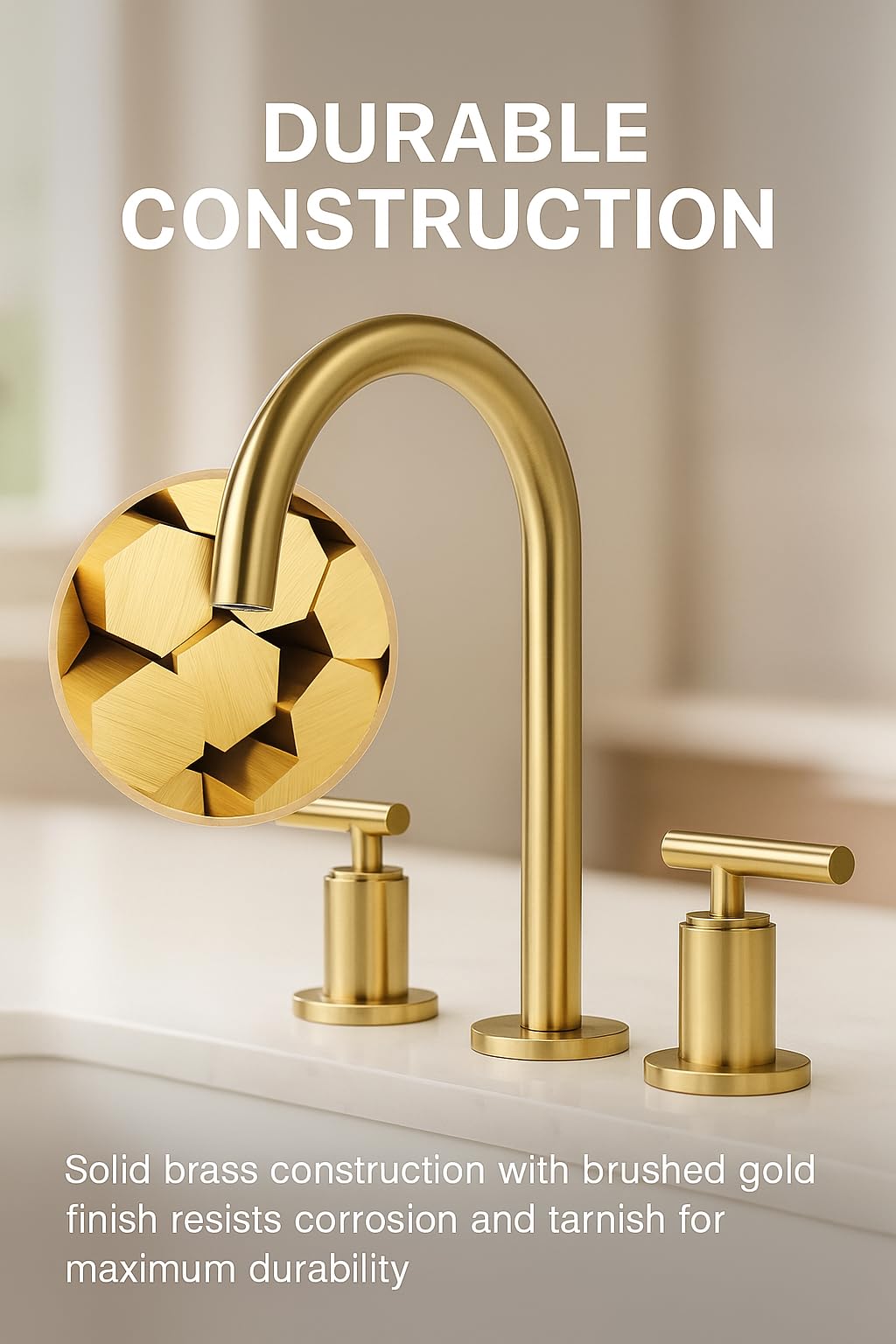 Brushed Gold Bathroom Faucet, Indare Two Handles 360° Swivel Spout Widespread 4Inch 8Inch Brass Bathroom Sink Faucet 3 Hole with Pop-Up Drain and Water Supply Lines, Upgraded Style