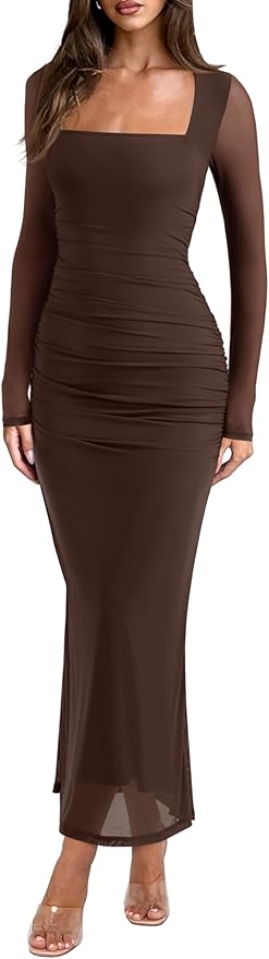 REORIA Long Sleeve Wedding Guest Maxi Dresses for Women Sheer Mesh Square Neck Ruched Bodycon Long Dress 2025 Fall Outfits
