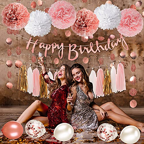 Rose Gold & Pink Party Decorations Set - Happy Birthday Banner, DIY Cake Topper, Circle Dots & Swirls Garlands, Tissue Pap...