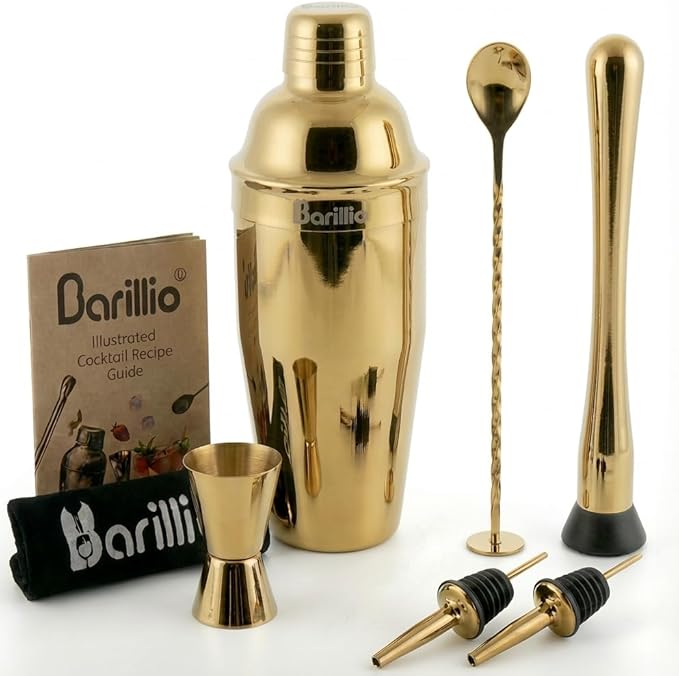 Barillio Gold Mixology Bartender Kit - 8 pcs Stainless Steel Travel Cocktail Shaker Set with Bag - Bar Tools Set with Mart...