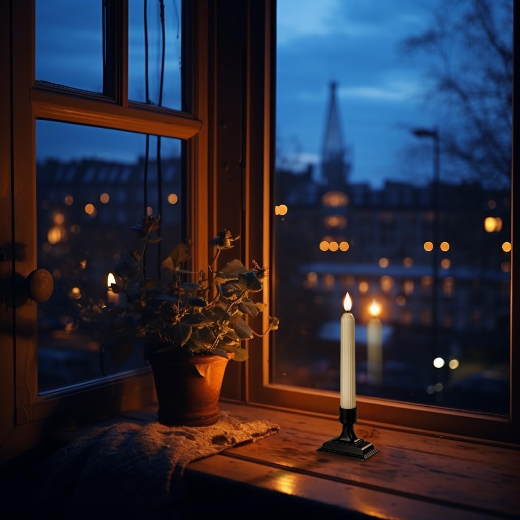 Homemory 6 Pcs Window Candles with Sensor Dusk to Dawn, Ivory Electric Window Candle Flickering, Christmas Fake Candles Battery Operated, Led Candlesticks with Black Holders for Xmas Holiday Decor