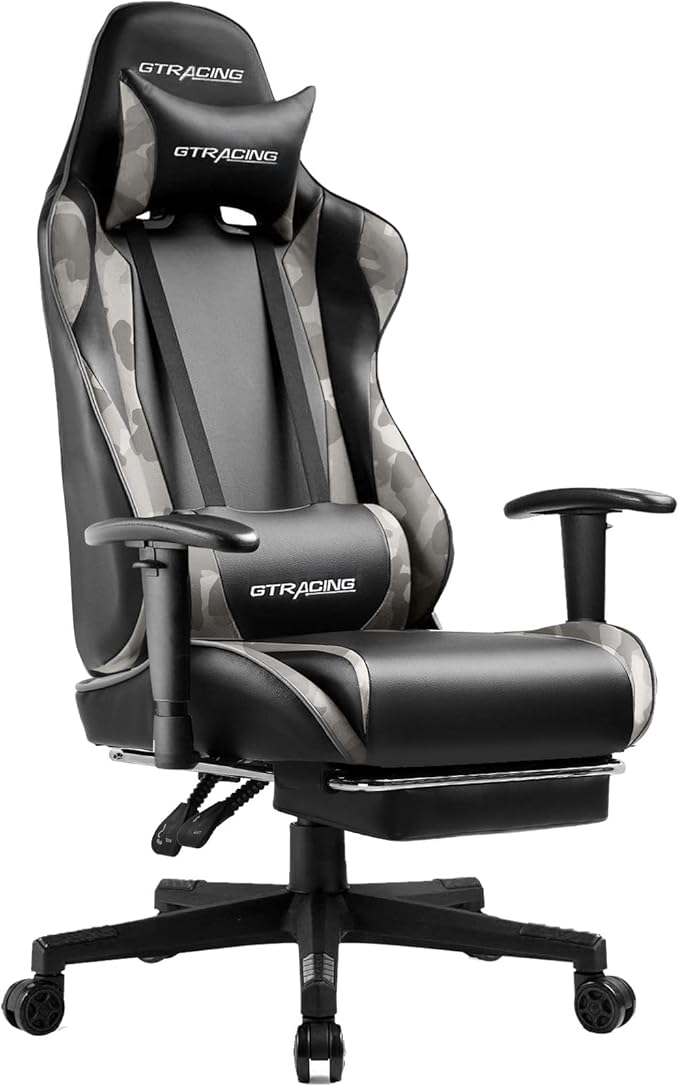 GTPLAYER Gaming Chair with Footrest, Ergonomic Computer Game Desk Chair, Reclining Game Chair Seat Height Adjustment, Swivel Rocker with Headrest and Lumbar (Camouflage)