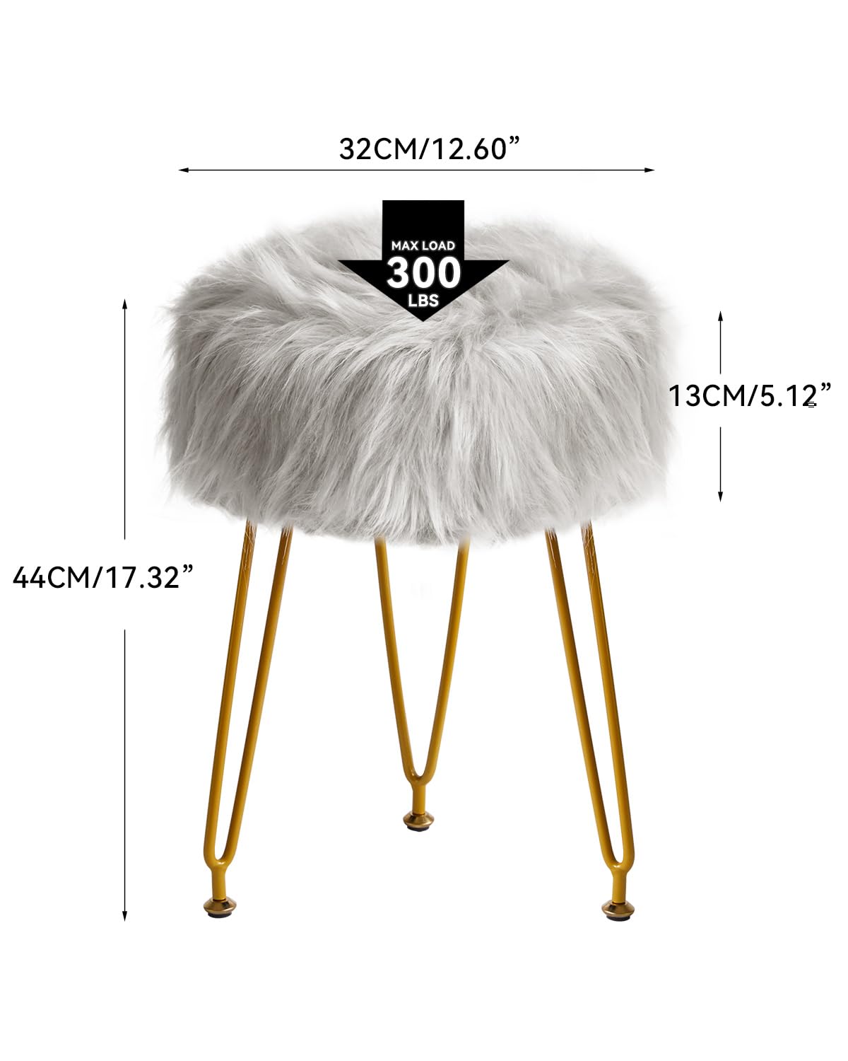 IBUYKE Faux Fur Vanity Stool Chair, Furry Makeup Stool Ottoman, Soft Padded Seat, Round Footrest Footstools with 4 Metal Legs, for Living Room Bedroom Entryway, Gray LG-32G