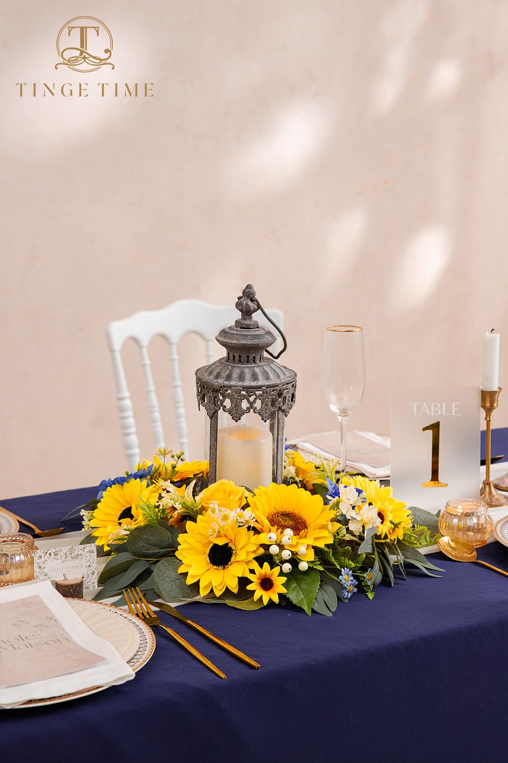 TINGE TIME Aritificial Flowers Candle Rings, 1 Pcs 15inch Diam Sunflower & Royal Blue Fake Rose Wreath Wedding Centerpieces for Tables Summer Garland for Front Door Weddings Party Ceremony Decor