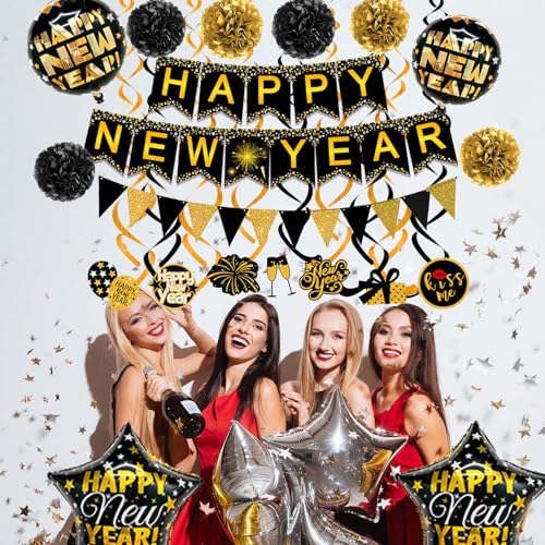 Famoby Happy New Year Paper Banner Triangle Flag Bunting Pom poms Swirls Streamers & Balloons for New year Party Decoration