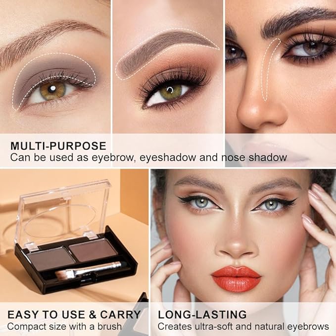 Eye Brow Powder for Women, Medium Brown Eyebrow Powder Kit with Double-ended Eyebrow Brush, Long-Lasting Waterproof Two Colors, Purse-Friendly Compact, Cruelty Free (Medium Brown+Brown)