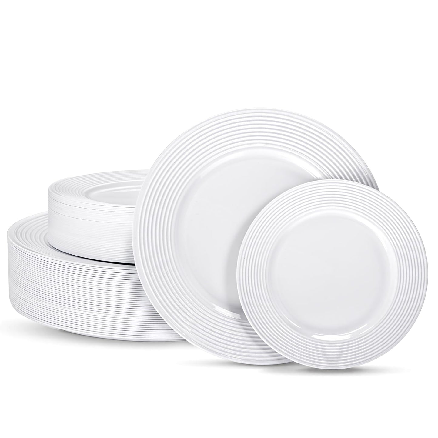 FLOWERCAT 100PCS White Plastic Plates - Heavy Duty Plastic Plates Disposable-Straw hat plates for Summer party &Wedding - Serve for 50guests party(10inch & 7inch)(White)