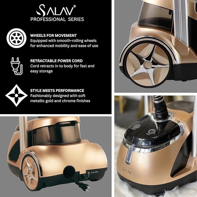 SALAV Limited Edition Professional Series Dual Bar Garment Steamer with Foot Pedals, Stainless Steel Steam Plate, Retractable Power Cord, 1.8L (60.8 oz) Water Tank, 1500 watts, 60+mins of Steam