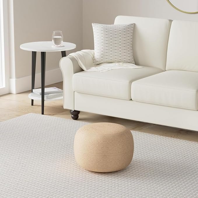 Dekorist Round Ottoman Pouf Footstool Jute Pouffe Stool Seat Cushion Boho Home Decor Extra Seating Pouffe for Living Room, Bedroom, Indoor, 21x21x12 inch, Natural