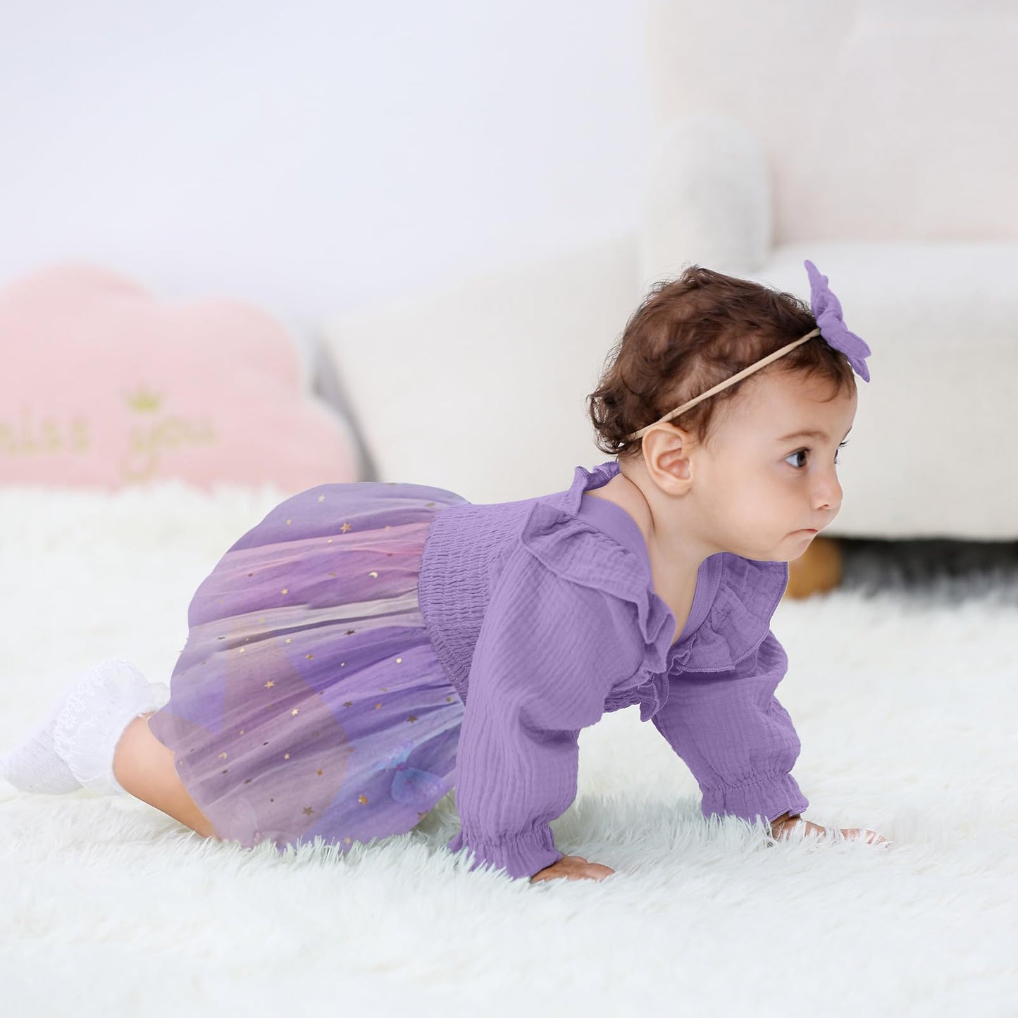 TITKKOP Baby Girl 1st Birthday Clothes One Year Old Tulle Romper Long Sleeve Bodysuit Cake Smash Outfits(butterfly-purple,12-18M)