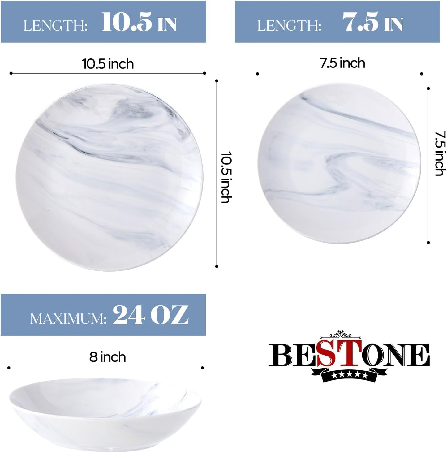 Bestone 12 Pieces Round Kitchen Dinnerware Sets,Plates and Bowls sets,Dishes, Plates, Bowls, Dish Set，Plates and Bowls,Service for 4, Blue and White Marble