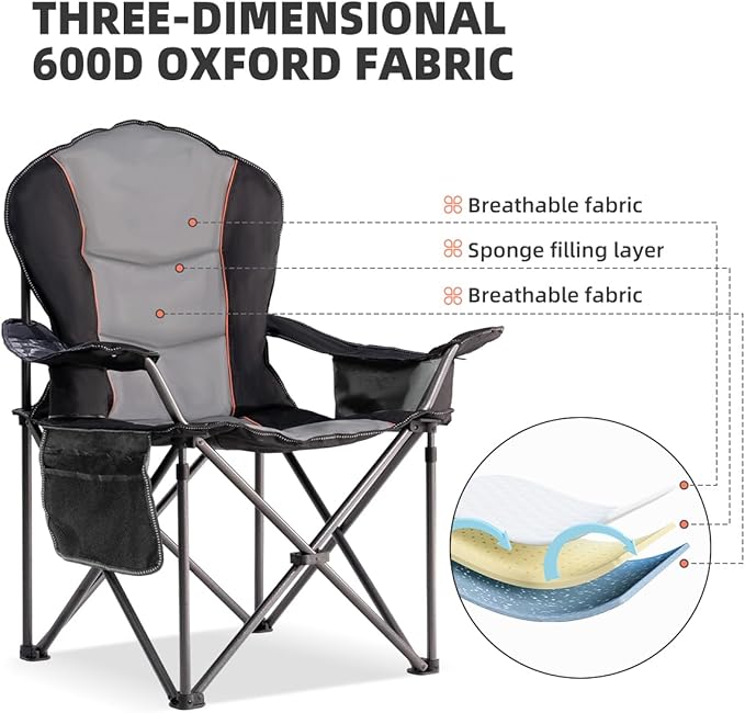 Foristrail Camping Chair Oversized Folding Outdoor Camping Chair with Cooler Bag, Cup Holder & Waterproof Phone Case, Portable for Hiking/Beach,500LB (Black & Light Gray)