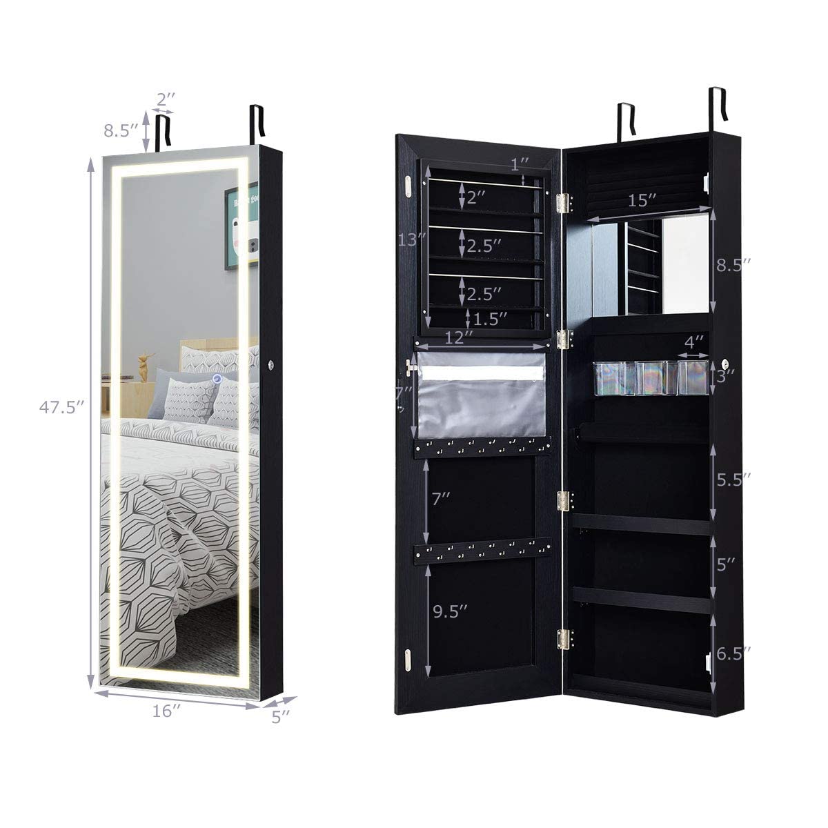 MAT EXPERT Wall/Door Mounted Mirror Jewelry Armoire, Jewelry Cabinet w/LED Lights & Touch-Screen Lighted Mirror, Makeup Jewel Storage Hanging Cabinet, Lockable Dressing Jewelry Organizer (Black)