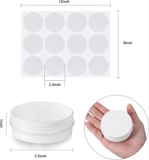 Patelai 2 oz 120 Pcs Metal Round Tins Aluminum Tin Cans Salve Tins Containers with Screw Lid 20 Sheets Stickers for Christmas Salve Spice Candies Balms Candles(White)