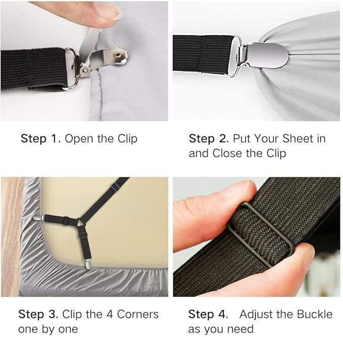 Foloda Bed Sheet Holders, 4 pcs Adjustable Fitted Sheet Straps Holders for Bed Corner, Sheet Fasteners Clips Suspenders lockers Gripper Scrunchie, Keep Sheet Firm Tight