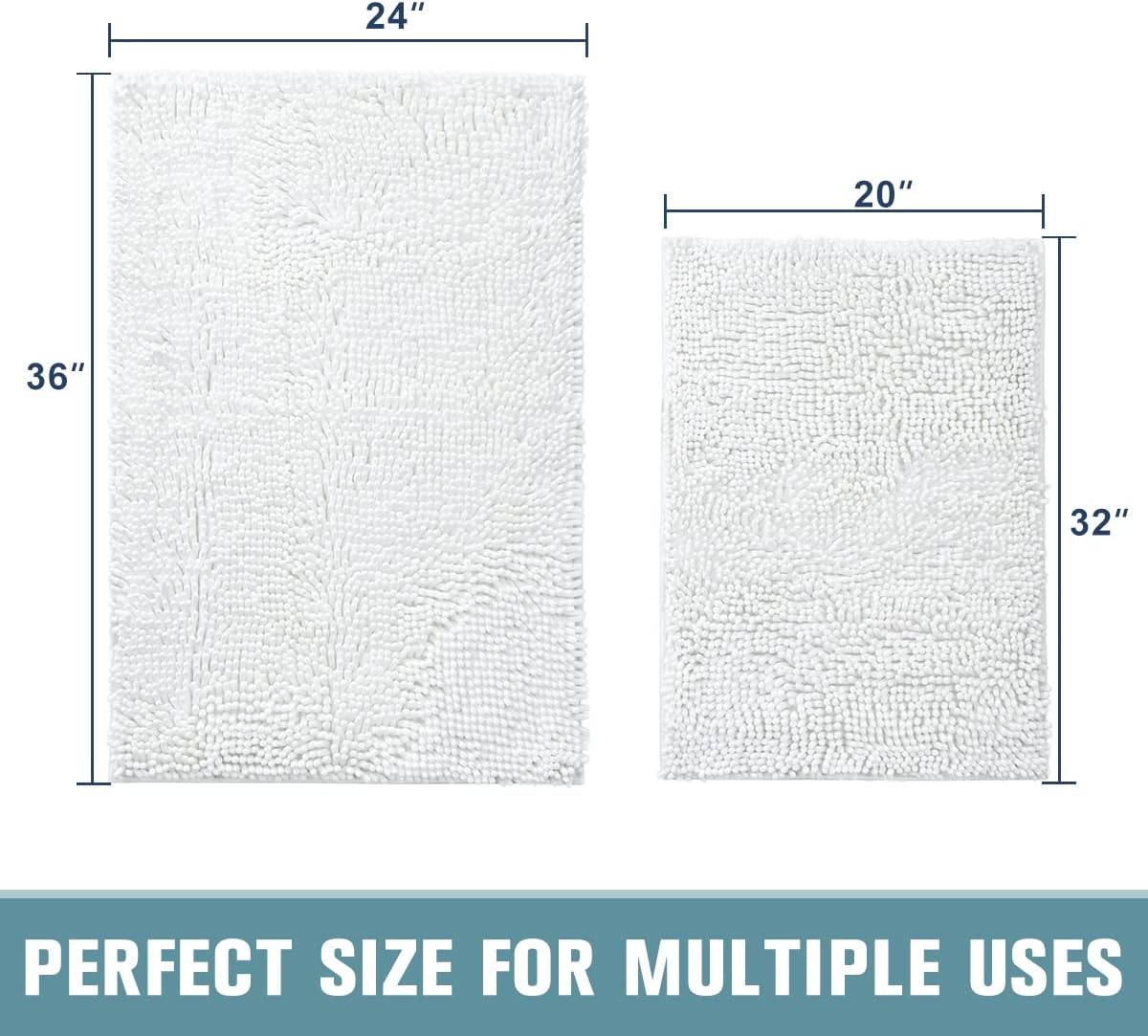SONORO KATE Bathroom Rug,Non-Slip Bath Mat,Soft Cozy Shaggy Thick Bath Rugs for Bathroom,Plush Rugs for Bathtubs,Water Absorbent Rain Showers and Under The Sink (White, 36" x 24" Plus 32" x 20")
