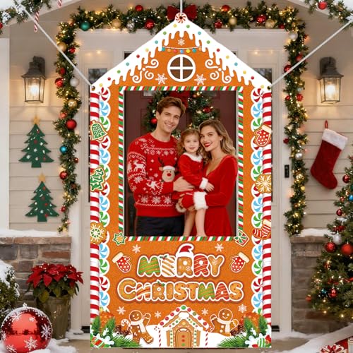 Christmas Party Decorations Christmas Photo Booth Backdrop Large Gingerbread House Xmas Photo Background Banner for Holida...