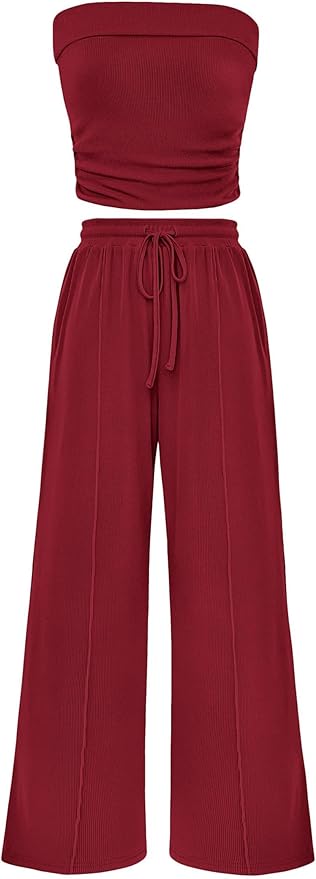 PRETTYGARDEN Womens Summer Outfits 2 Piece Sets Casual Ribbed Knit Crop Tube Top Wide Leg Pants Spring Matching Lounge Set