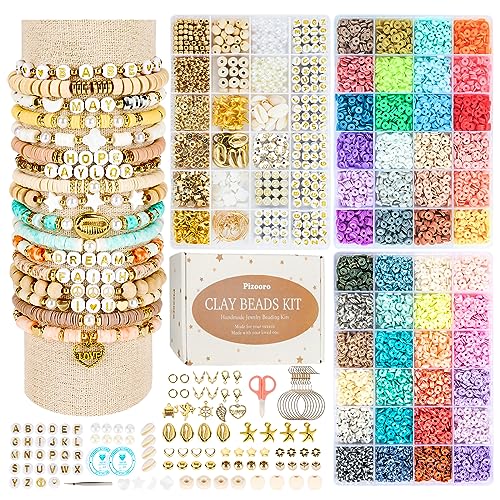 Pizooro Clay Beads 3 Boxes Bracelet Making Kit, 10500pcs Beads for Jewelry Making, Round Letter Beads with Charm and Elast...