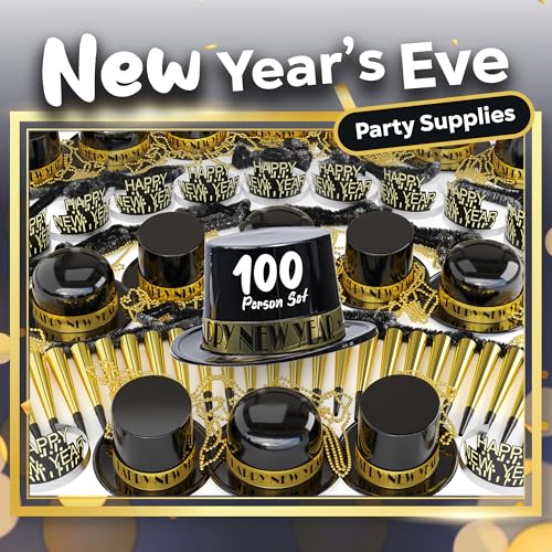 Crown Display New Years Eve Party Supplies 2026 I 250 Pcs I Black and Gold Top Hats Tiaras Bead Necklace Noise Makers I 20...