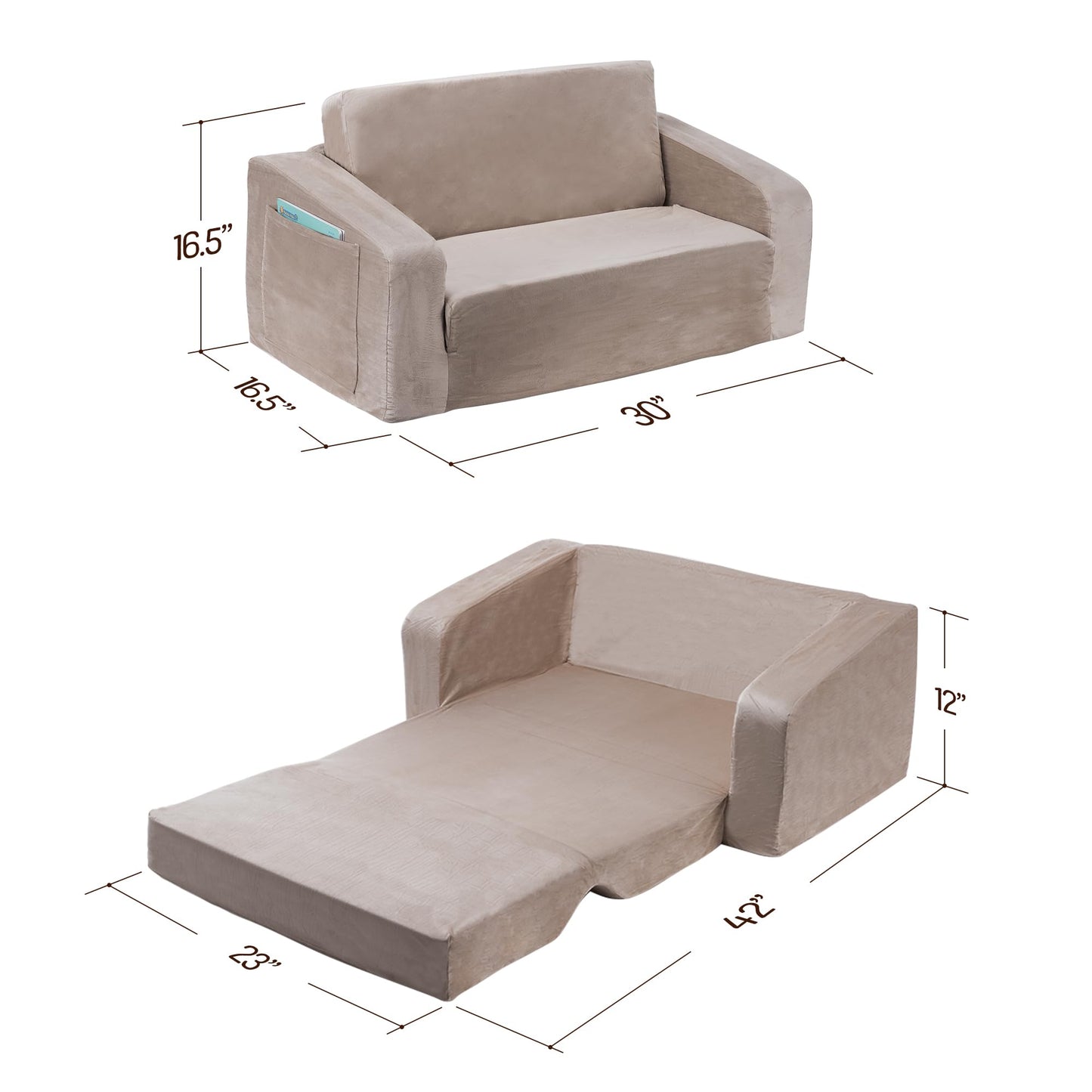 Deppon Kids Couch, Extra Wide 2-in-1 Toddler Sofa Convertible Fold Out to Lounger Bed for Girls and Boys, Apricot