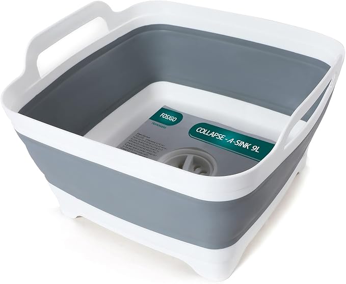 FOSJGO 2.4 Gal(9L) Collapsible Dish Basin with Drain Plug,Space Saving Multiuse Foldable Sink Tub,Dishpan,Kitchen Sink for...