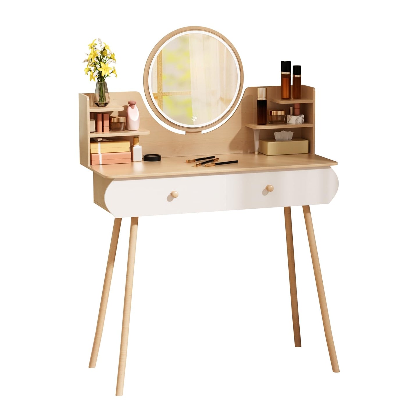 yoakaiax Vanity Mirror with Lights Makeup Vanity Desk with LED Lighted Mirror, Dressing Table with 2 Drawers and Opening Shelves, Bedroom Dressing Table, 3 Modes Brightness Adjustable Wooden Color