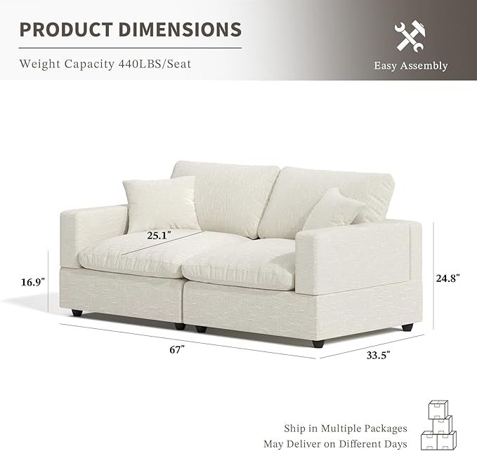 Cloud Couch Modular Sectional Sofa, 67" 2-Seater Sectional Couches for Living Room, Down Filled Wide & Deep Seat Cloud Sofa, Removable Washable Cushion Cover & Backrest Pillow Cover