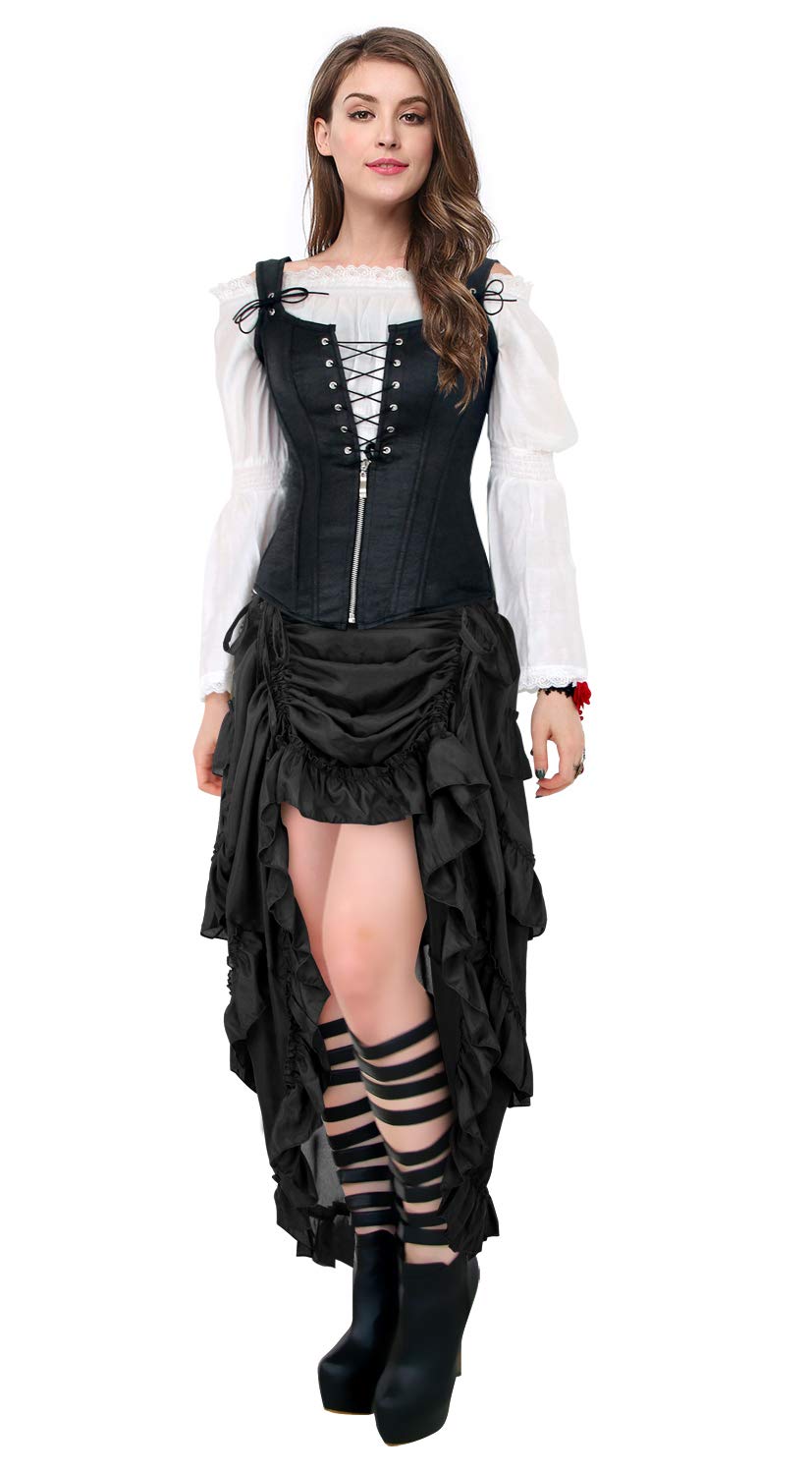 Charmian Women's Steampunk Gothic High Low Ruffle Cyberpunk Skirt Black Small