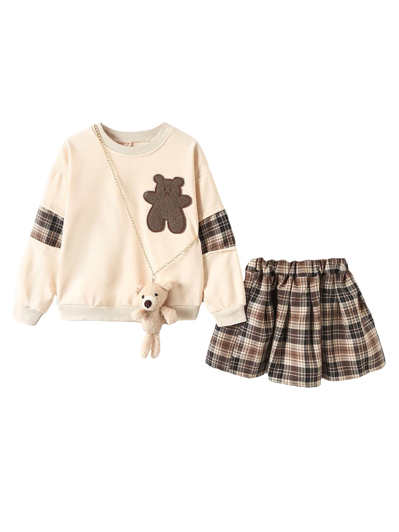 OYOANGLE Girl's 3 Piece Outfits Cartoon Print Long Sleeve Pullover Sweatshirt Top and Plaid Skirts and Bag Sets Multicolor 160