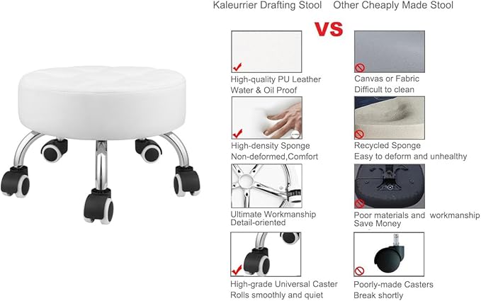 Kaleurrier Low Height Rolling Stool - Heavy Duty Short Stool Chair with Wheels Low to Ground - Small Roller Seat Stools for Home Office Kitchen Repair Shop Mechanic Pedicure Garage Library White