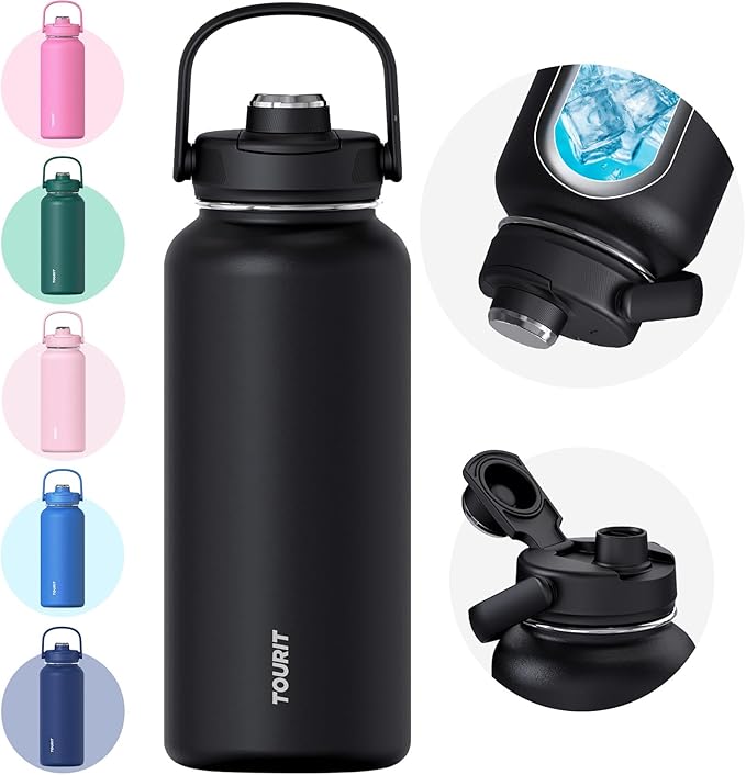 TOURIT 32 oz Insulated Water Bottle, Stainless Steel Sports Water Bottles With Top Handle, Double-Wall Travel Thermal Wate...