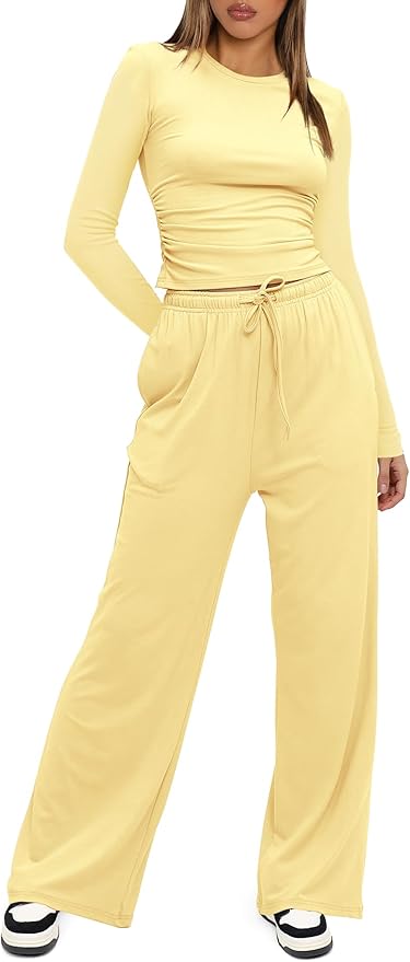 Darong Women's 2 Piece Outfits Lounge Sets 2026 Long Sleeve Tops Wide Leg Pants Casual Matching Set
