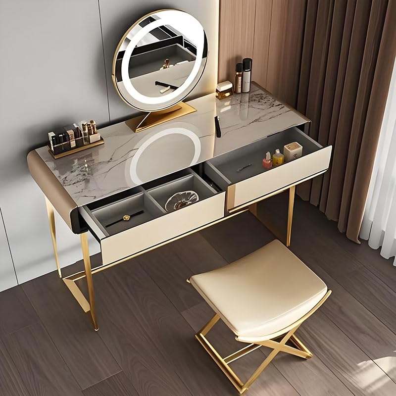CHSSIH Vanity Stool Chair for Makeup - Small Backless Leather Stool for Vanity - Modern Ottoman Bench Seat with Metal X Legs, Footstool for Bathroom & Living Room - Gold