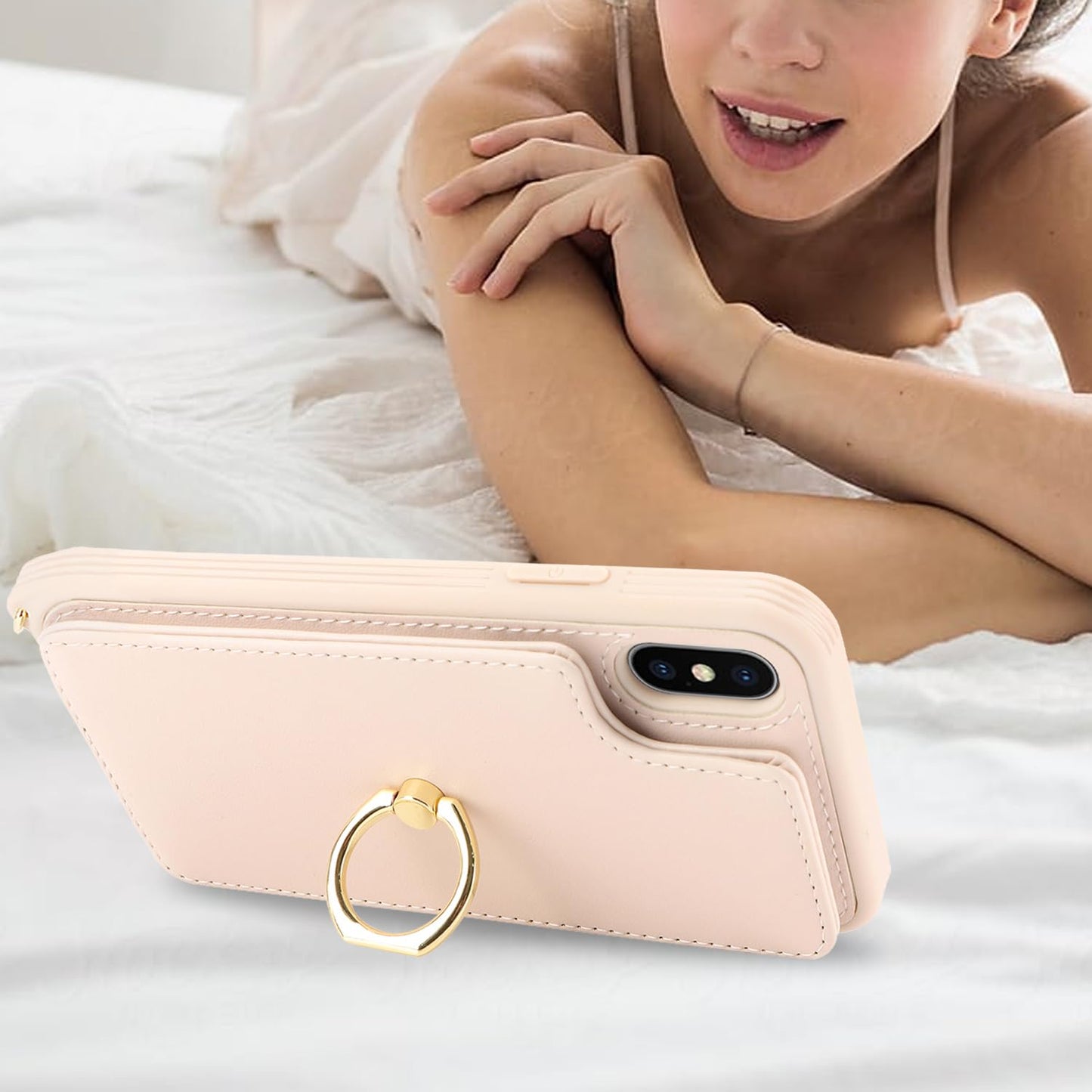 Lipvina For Iphone X/Xs Phone Case With Card Holder And Strap For Women,Crossbody Lanyard,Kickstand Ring Stand,Snap Clasp,Phone