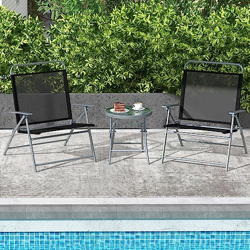 Tangkula 3 Piece Patio Folding Chair Set, Outdoor Metal Conversation Set w/Coffee Table, Extra-Large Seat, Stable Metal Fr...