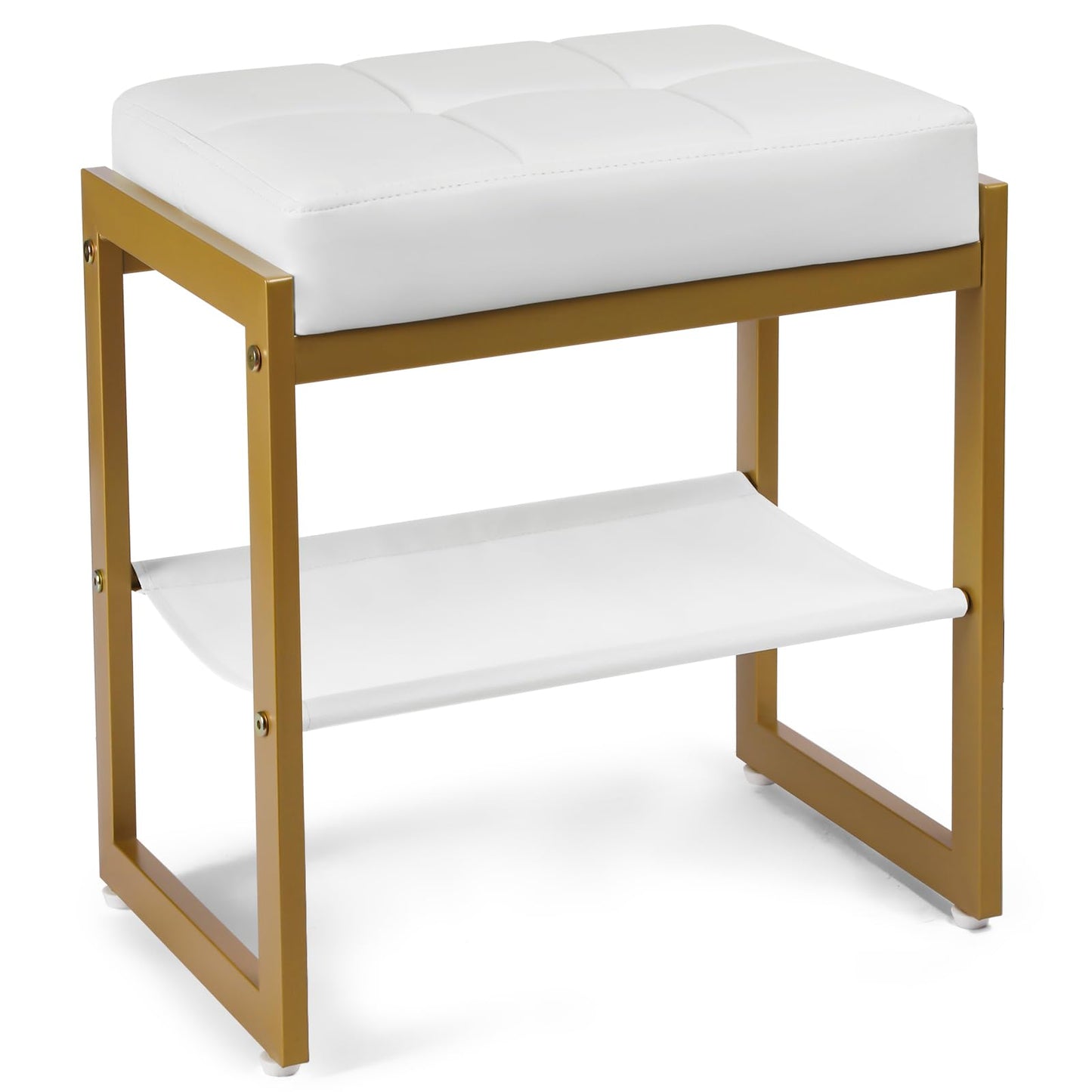 FrexCheng Vanity Stool, Faux Leather Vanity Chair Stool for Dressing Table, Modern Gold Metal Footstool Ottoman for Bedroom & Living Room, White & Gold