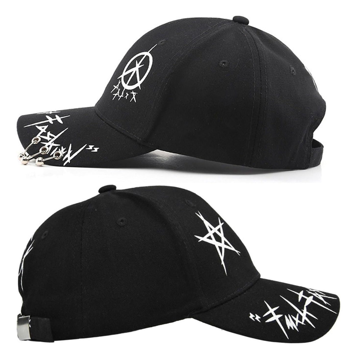 Unisex Black Graffiti Snapback Hat/Baseball Cap - Features Iron Rings on Brim, Inspired by Korean Music Groups, Hip Hop, Anime & Gothic Styles for Men and Women