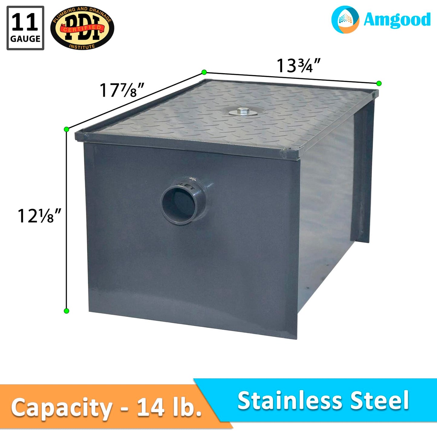 14 LB Carbon Steel Grease Trap Interceptor for Restaurant Under Sink Kitchen | PDI Certified | 7 GPM