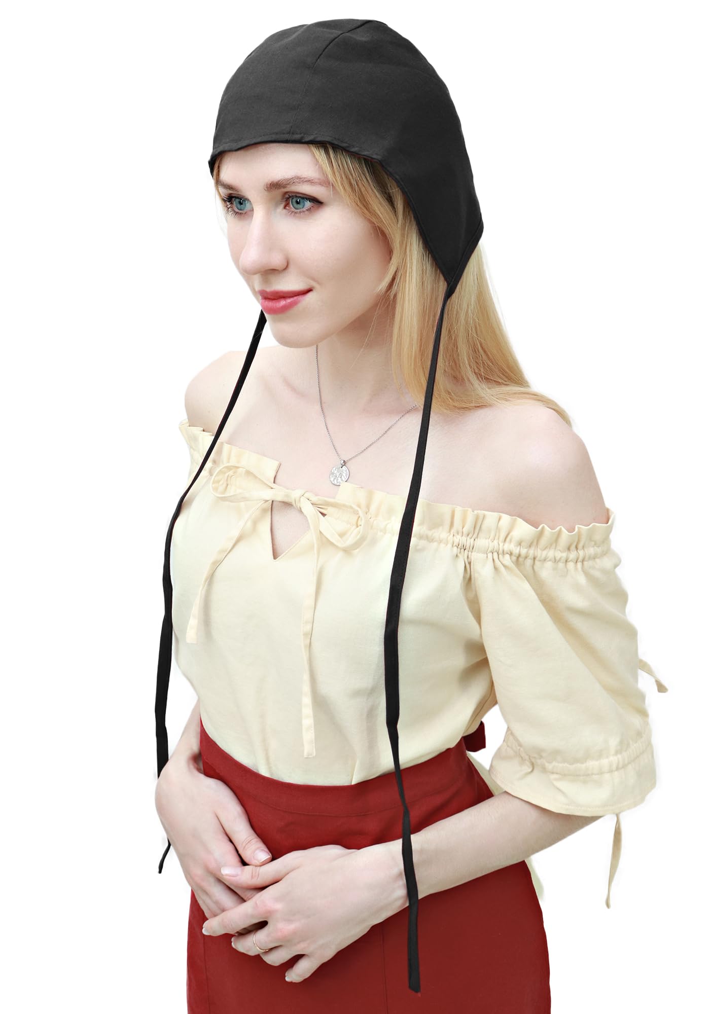 KUOIN Medieval Coif Cap Women's Victorian Hat Colonial Cosplay Headwear (Black)