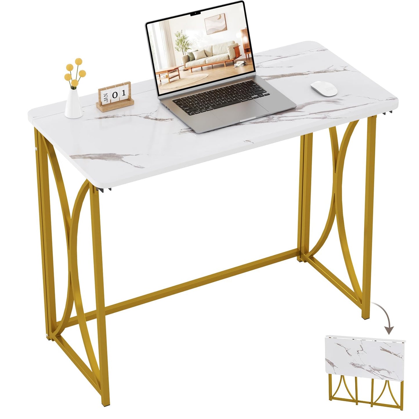 coeztt Folding Desk, 31.5" Small for Bedroom, Space Saving Foldable Computer Desk for Home Office, Easy Assembly, White and Gold