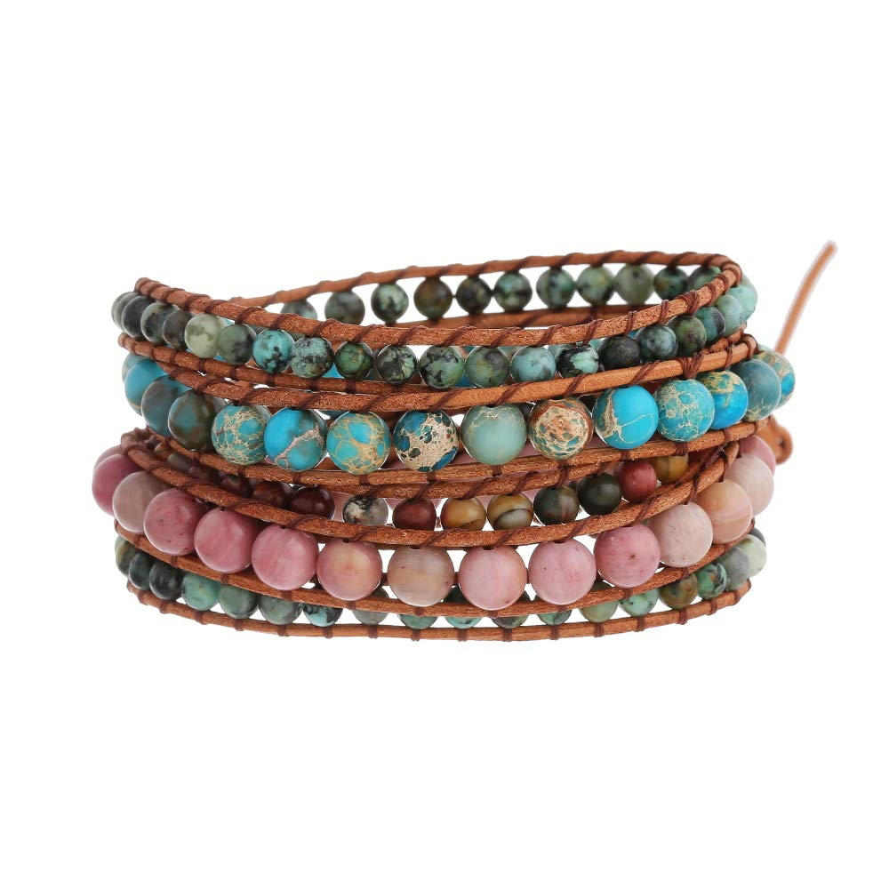 Women Boho 5 Wraps Bracelet Natural Rhodonite Picasso Jasper Turquoise Stone Strand Bracelet Jewlery