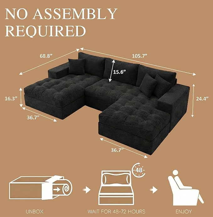 NAYA 106” Modular Sectional Sofa, Cloud Sectional Couch with Deep Seat, Modern Modular L-Shape Sofa Boneless Couch with Chaise for Living Room Bedroom (Black, Cloudy U-Shaped Minimalist Sofa)