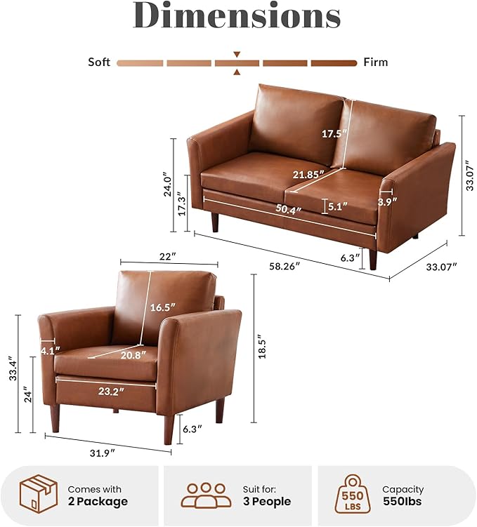Kingfun Living Room Furniture Sets, Loveseat and Armcahir, Mid Century Modern Sofa Set, Faux Leather Couch with Solid Wood Frame for Living Room & Bedroom, Chestnut