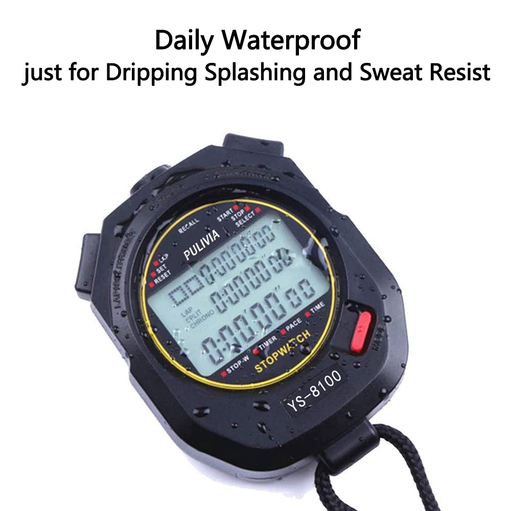 PULIVIA Sports Stopwatch Timer 100 Lap Split Memory Digital Stop Watch, Countdown Timer Pace Mode 12/24 Hour Clock Calendar with Alarm, 3 Rows Display Large Screen Water Resistant Battery Included